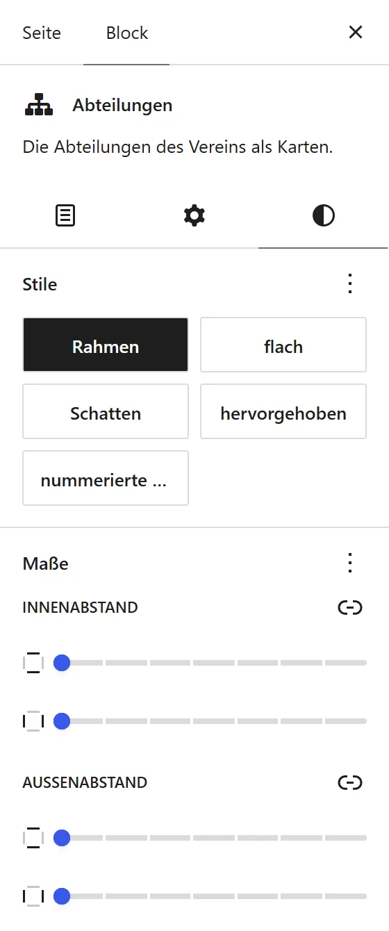 Der Reiter „Stile“ für den Block „Abteilungen“ als Karten. Zur Wahl stehen „Rahmen“, „flach“, „Schatten“ und „hervorgehoben“.