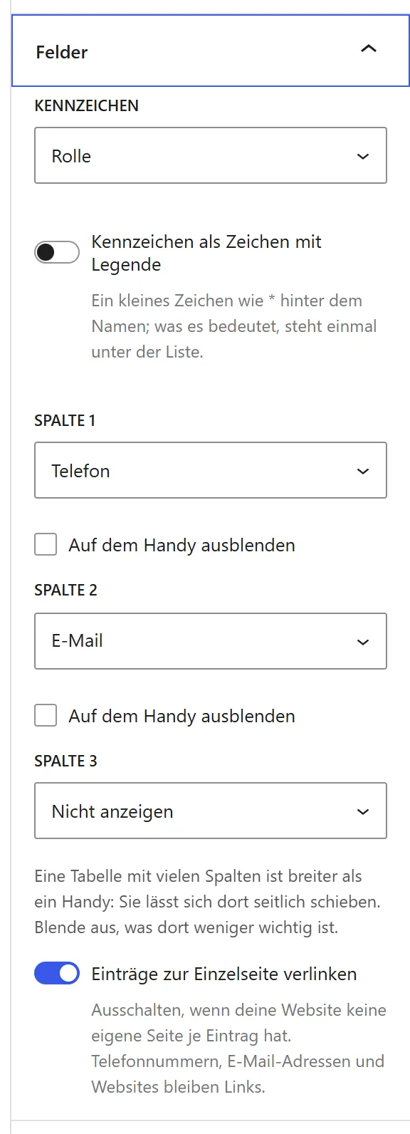 Der Bereich „Felder“ für den Block „Personen“ als Tabelle. Neben den Auswahlfeldern „Spalte 1“ und „Spalte 2“ steht je ein Schalter „Auf dem Handy ausblenden“.