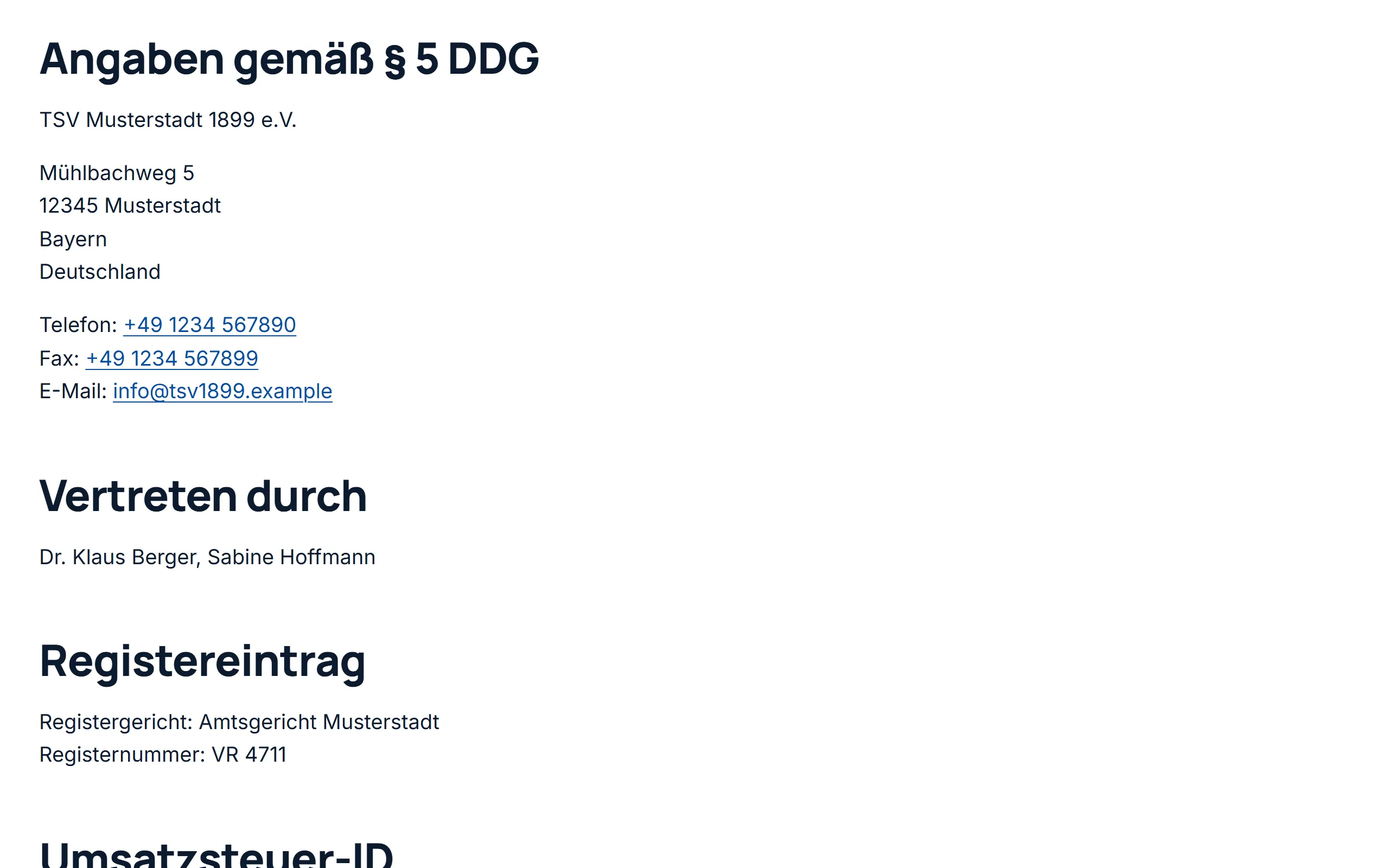 Das Impressum des Demovereins auf der Website: Name, Anschrift und Kontakt, darunter der Vorstand und der Registereintrag, alles aus den Vereinsdaten.