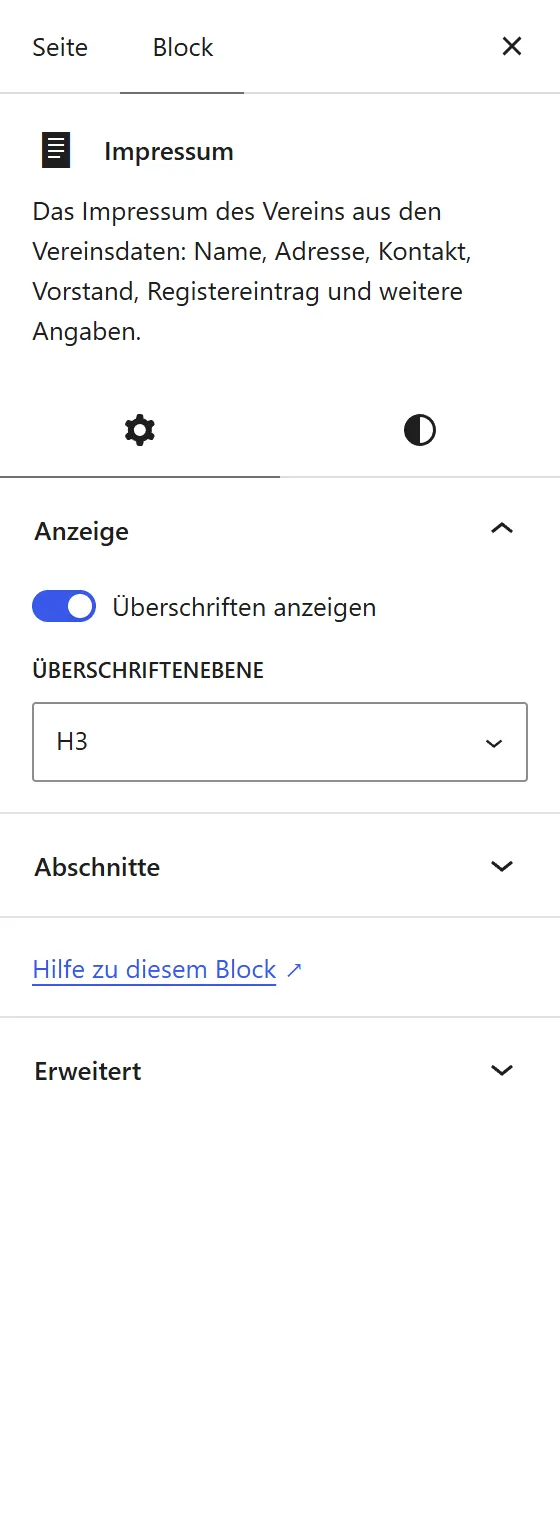 Die Seitenleiste des Blocks „Impressum“: der Schalter „Überschriften anzeigen“, die „Überschriftenebene“ und die Liste „Abschnitte“ mit sieben Kästchen von „Name, Adresse, Kontakt“ bis „Weitere Informationen“.