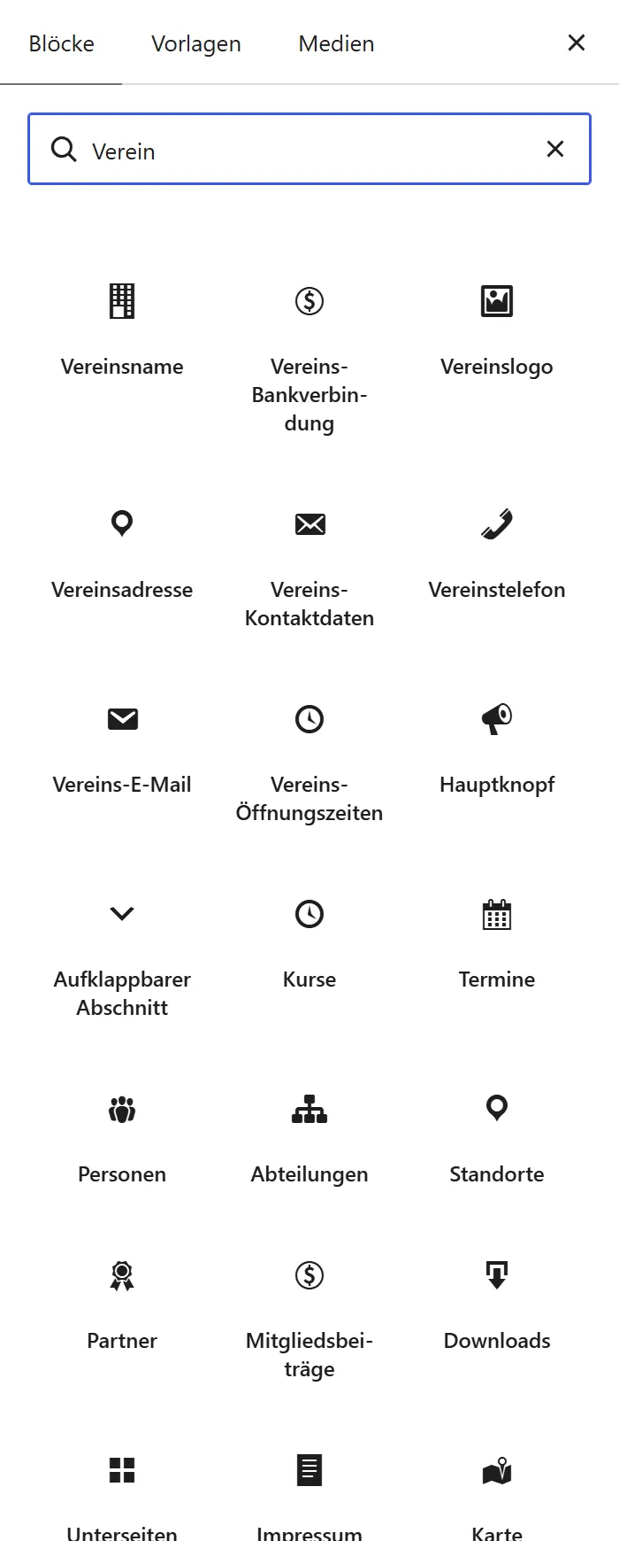 Der Block-Einfüger mit dem Suchwort „Verein“. Die Ergebnisse sind „Vereinsname“, „Vereins-Bankverbindung“, „Vereinslogo“, „Vereinsadresse“, „Vereins-Kontaktdaten“, „Vereinstelefon“, „Vereins-E-Mail“ und „Vereins-Öffnungszeiten“.