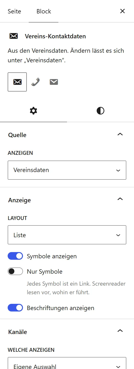 Die Seitenleiste des Blocks „Vereins-Kontaktdaten“: der Schalter „Beschriftungen anzeigen“ und die Liste „Kanäle“ mit E-Mail, Telefon, Fax, WhatsApp, Website, Instagram, Facebook und YouTube zum Ankreuzen.