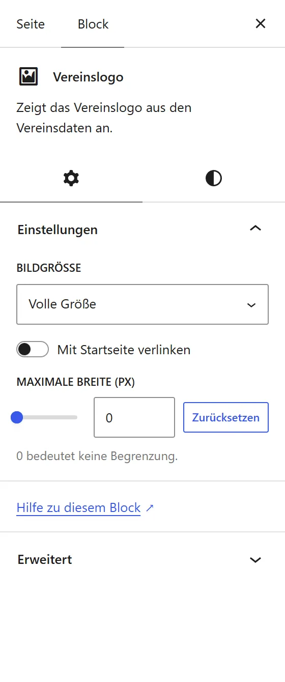 Die Seitenleiste des Blocks „Vereinslogo“ mit „Bildgröße“, dem Schalter „Mit Startseite verlinken“ und „Maximale Breite (px)“.