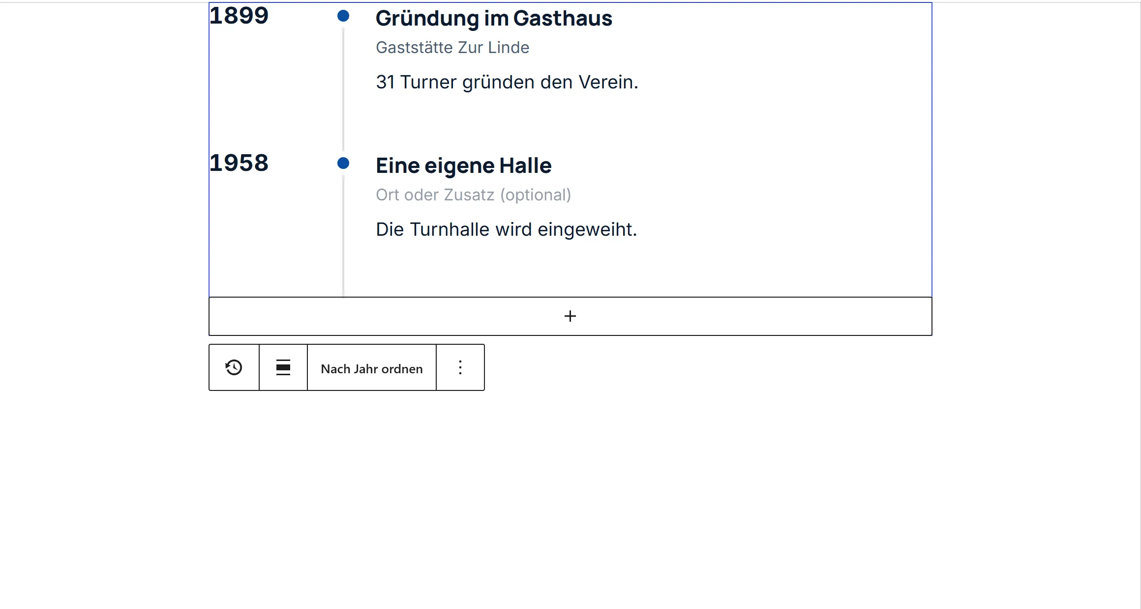 Der Block „Chronik“ im Editor mit zwei Stationen. Jede Station hat ein Feld für das Jahr, eines für den Titel, eines für den Ort und eines für den kurzen Text.