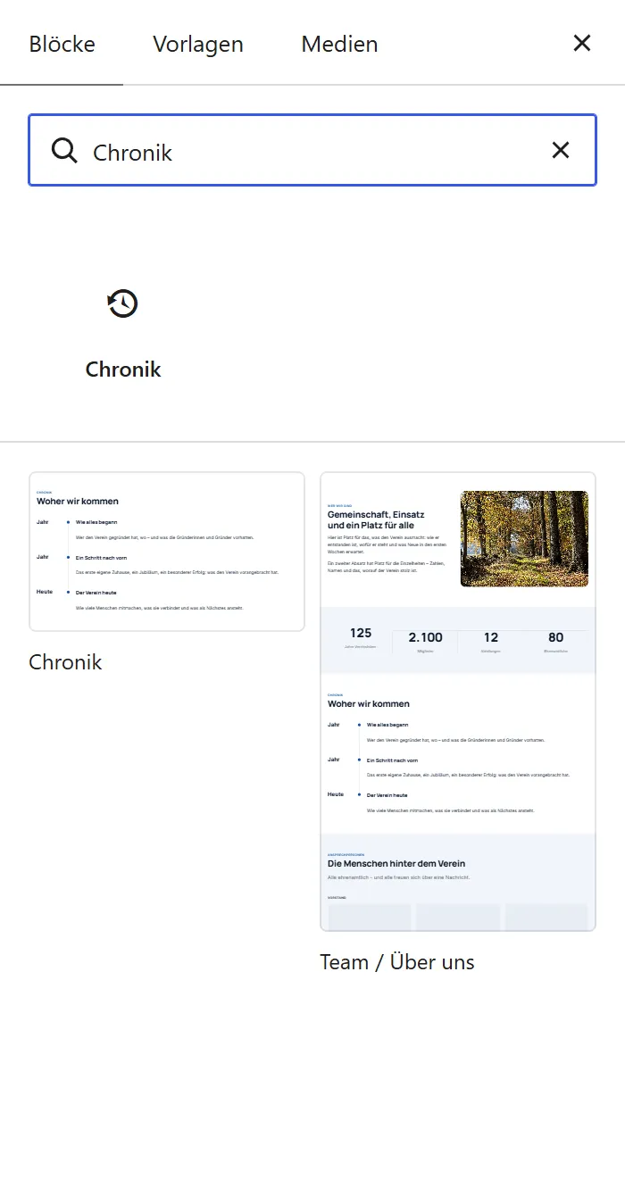 Der Block-Einfüger mit dem Suchwort „Chronik“. Das Ergebnis ist der Block „Chronik“ in der Gruppe „Vereinsinhalte“.