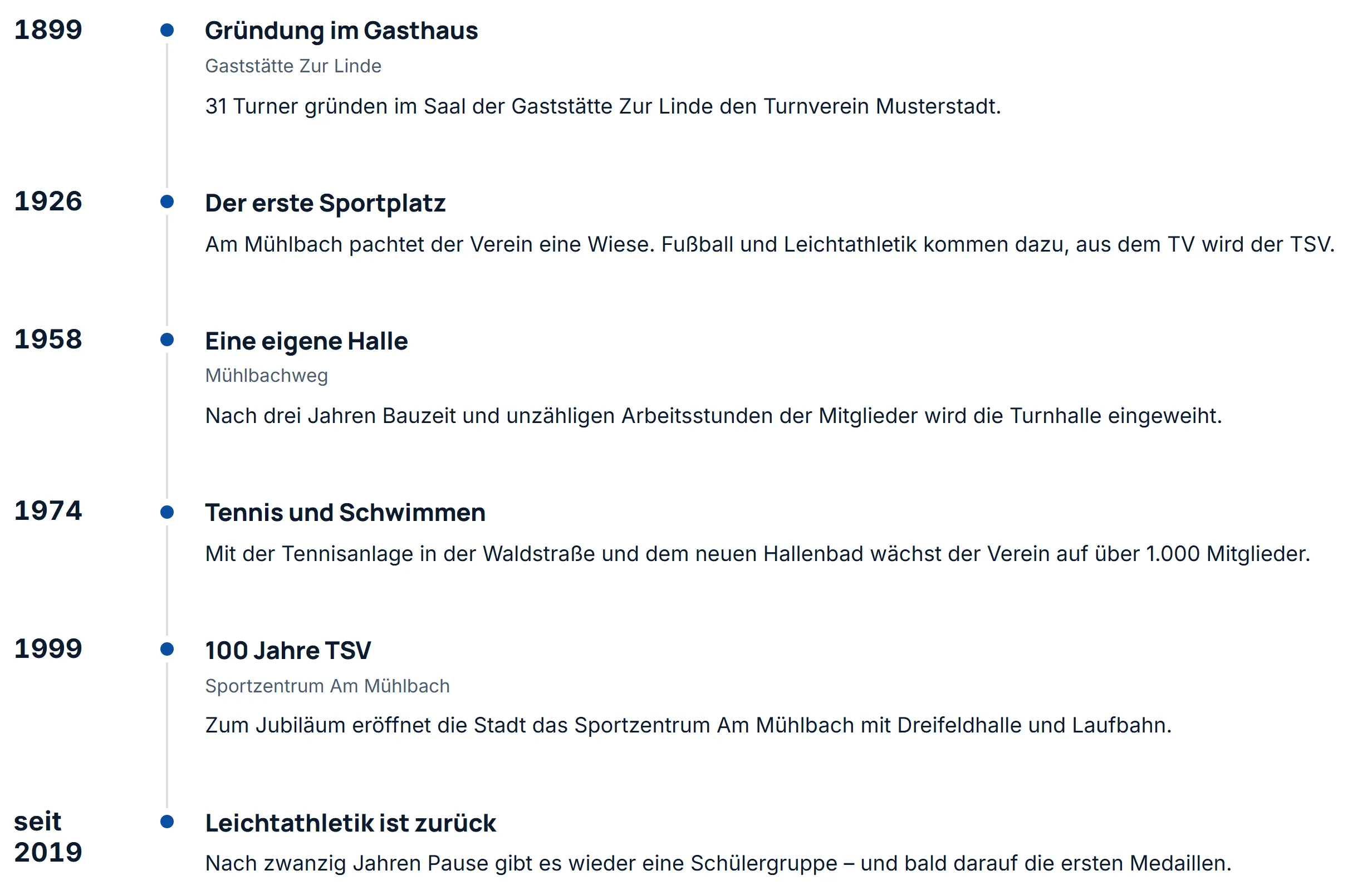 Die Chronik des Demovereins auf der Seite „Über uns“: Stationen von 1899 bis seit 2019 an einer senkrechten Linie, abwechselnd links und rechts, jede mit Jahr, Titel und kurzem Text.