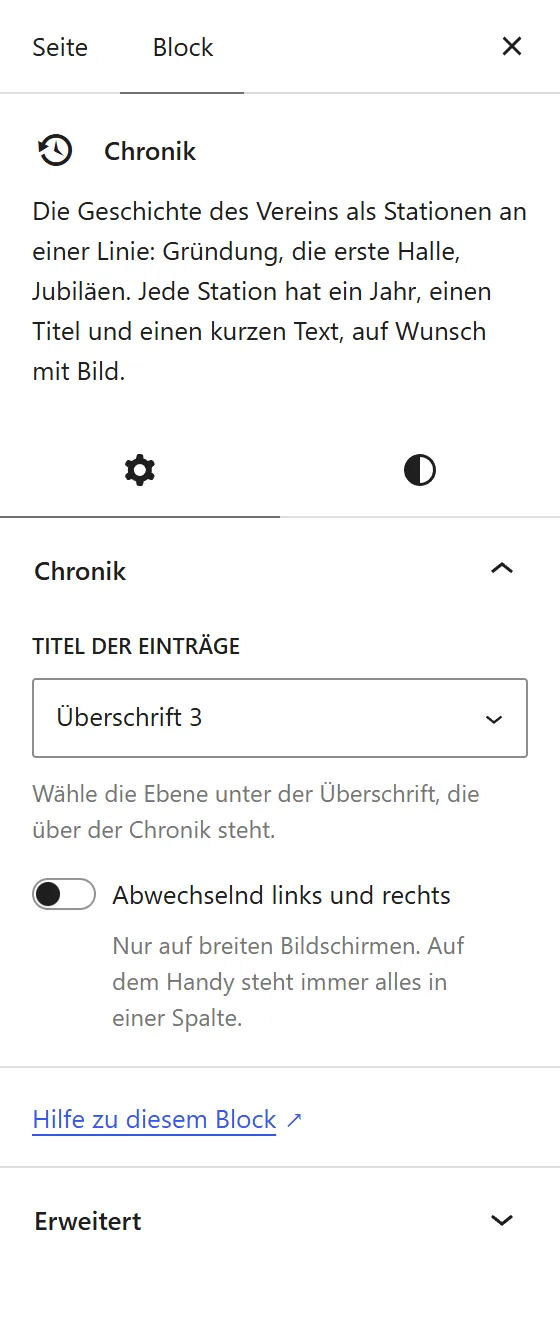 Die Seitenleiste des Blocks „Chronik“ mit „Titel der Einträge“ (Überschrift 2, 3, 4 oder fetter Text) und dem Schalter „Abwechselnd links und rechts“.