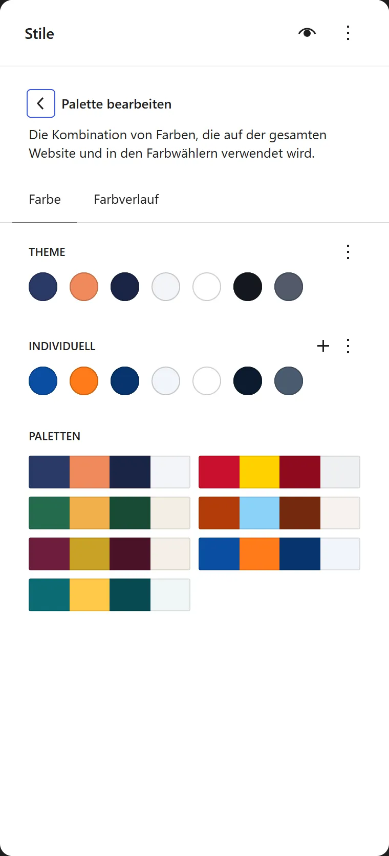 Der Abschnitt „Palette bearbeiten“ unter „Farben“. Die Gruppe „Theme“ zeigt sieben Farbpunkte, „Individuell“ ebenfalls sieben, darunter stehen fertige Paletten zur Auswahl.