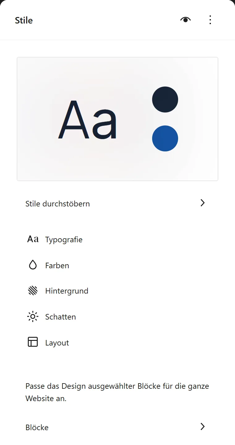 Die Seitenleiste „Stile“ im Website-Editor. Oben eine Vorschau mit „Aa“ und zwei Farbpunkten, darunter „Stile durchstöbern“, „Typografie“, „Farben“, „Hintergrund“, „Schatten“ und „Layout“. Unten folgt „Blöcke“.