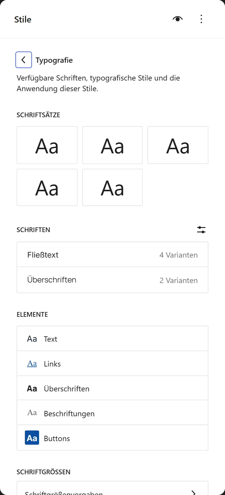 Der Abschnitt „Typografie“. Unter „Schriftsätze“ stehen fünf Vorschauen mit „Aa“, unter „Schriften“ die Zeilen „Fließtext“ und „Überschriften“, darunter die Elemente „Text“, „Links“, „Überschriften“, „Beschriftungen“ und „Buttons“.