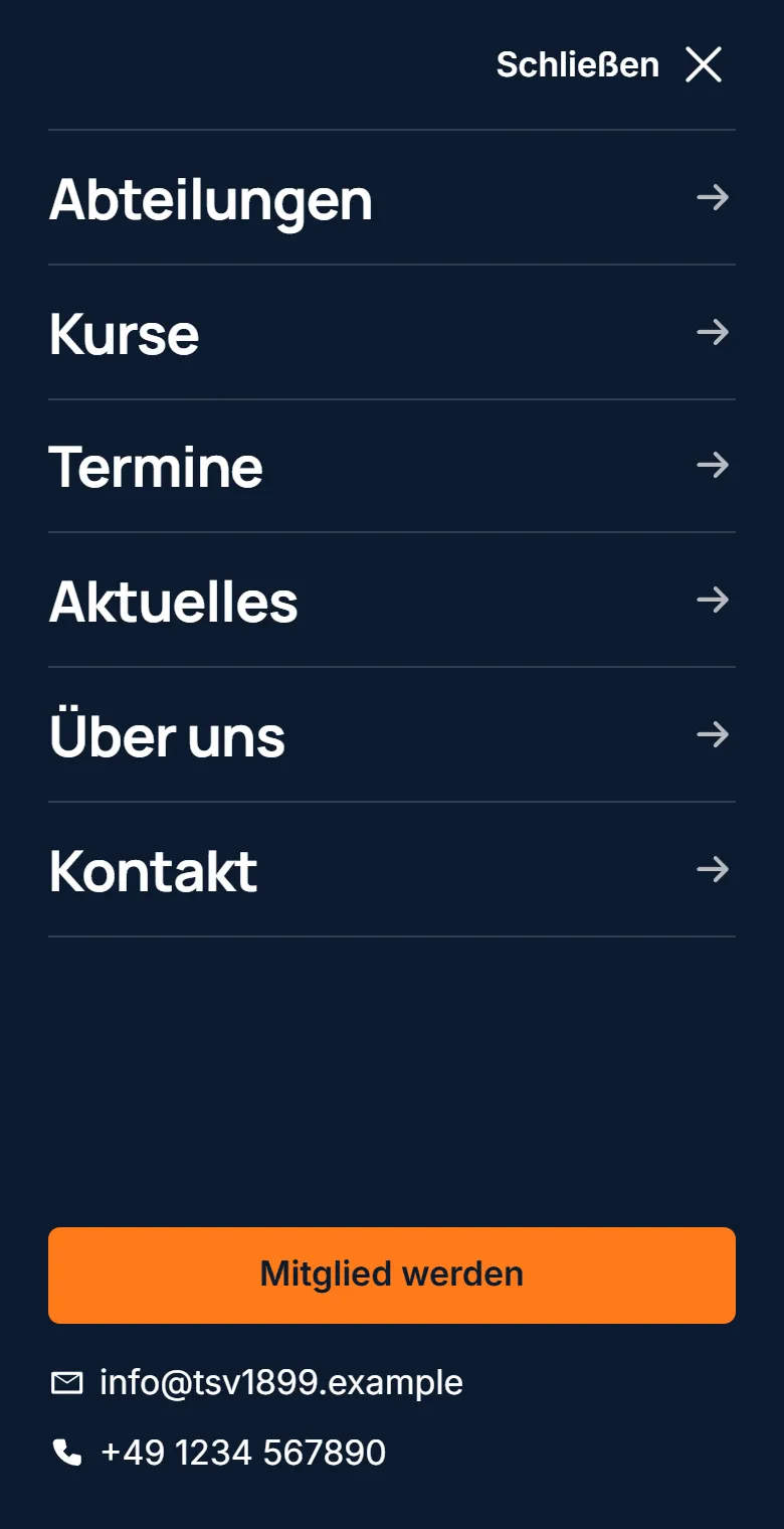 Der Kopf auf einem Handy: Wappen und Name links, rechts ein Knopf „Menü“. Das geöffnete Menü füllt den ganzen Bildschirm, mit den Einträgen in großer Schrift, darunter dem Knopf „Mitglied werden“.