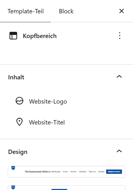 Die Seitenleiste des Kopfbereichs im Website-Editor. Oben steht „Kopfbereich“. Der Abschnitt „Inhalt“ listet „Website-Logo“ und „Website-Titel“, der Abschnitt „Design“ zeigt untereinander drei kleine Vorschauen der Entwürfe für den Kopf, jede mit Logo, Name, Menü und dem Knopf „Mitglied werden“. Beim zweiten steht der Knopf vor dem Menü.