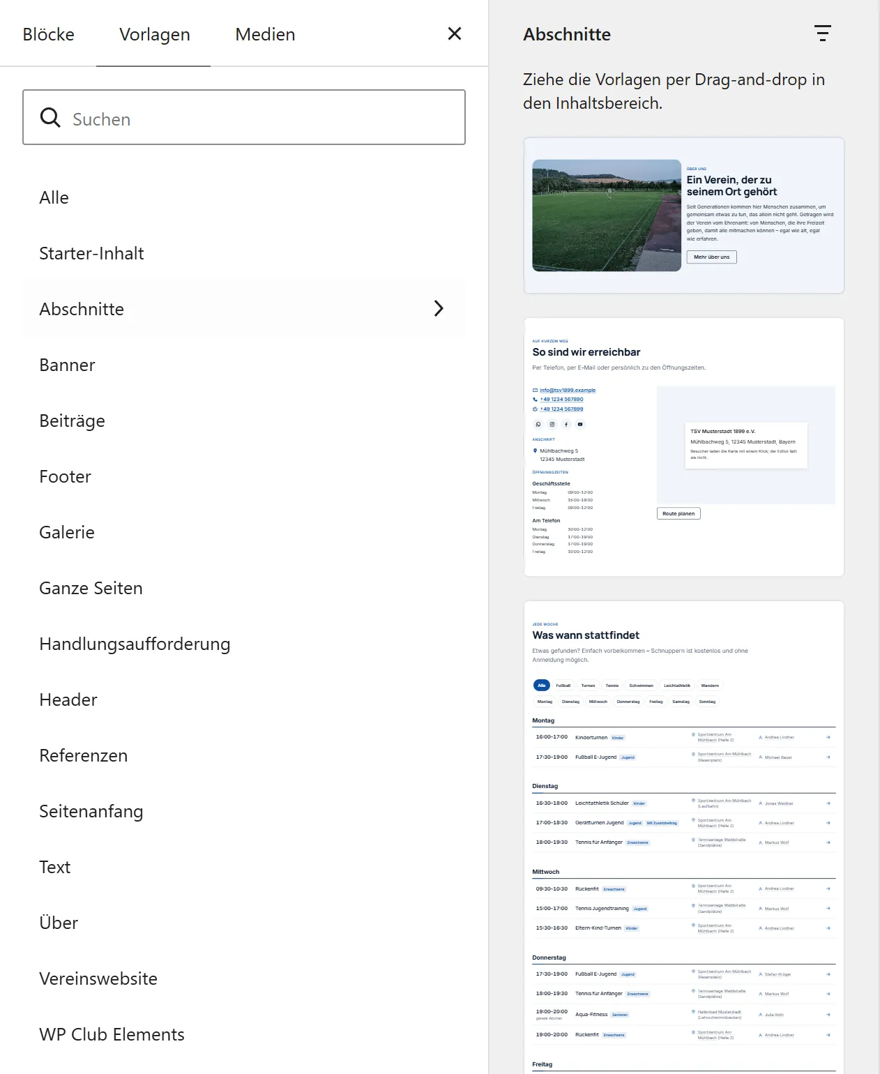 Die Kategorie „Abschnitte“ im Einfüger mit Vorschaubildern einzelner Abschnitte, etwa „Über uns: Bild und Text“, „Kontakt und Karte“ und „Wochenplan“.