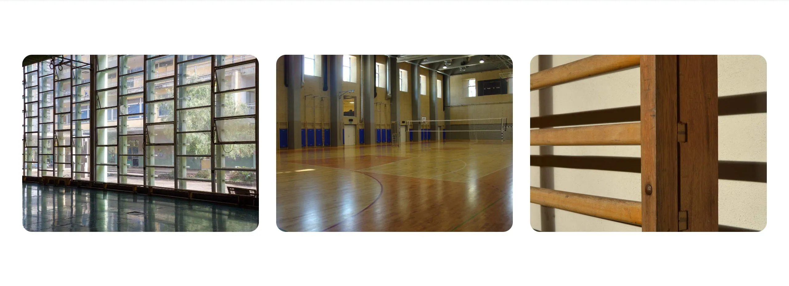 Der Abschnitt „Bilderband“ auf der Startseite des Demo-Turnvereins: drei Fotos aus der Halle nebeneinander, eine Fensterfront, die Halle mit Spielfeld und eine Sprossenwand, mit abgerundeten Ecken, ohne Überschrift und ohne Text.