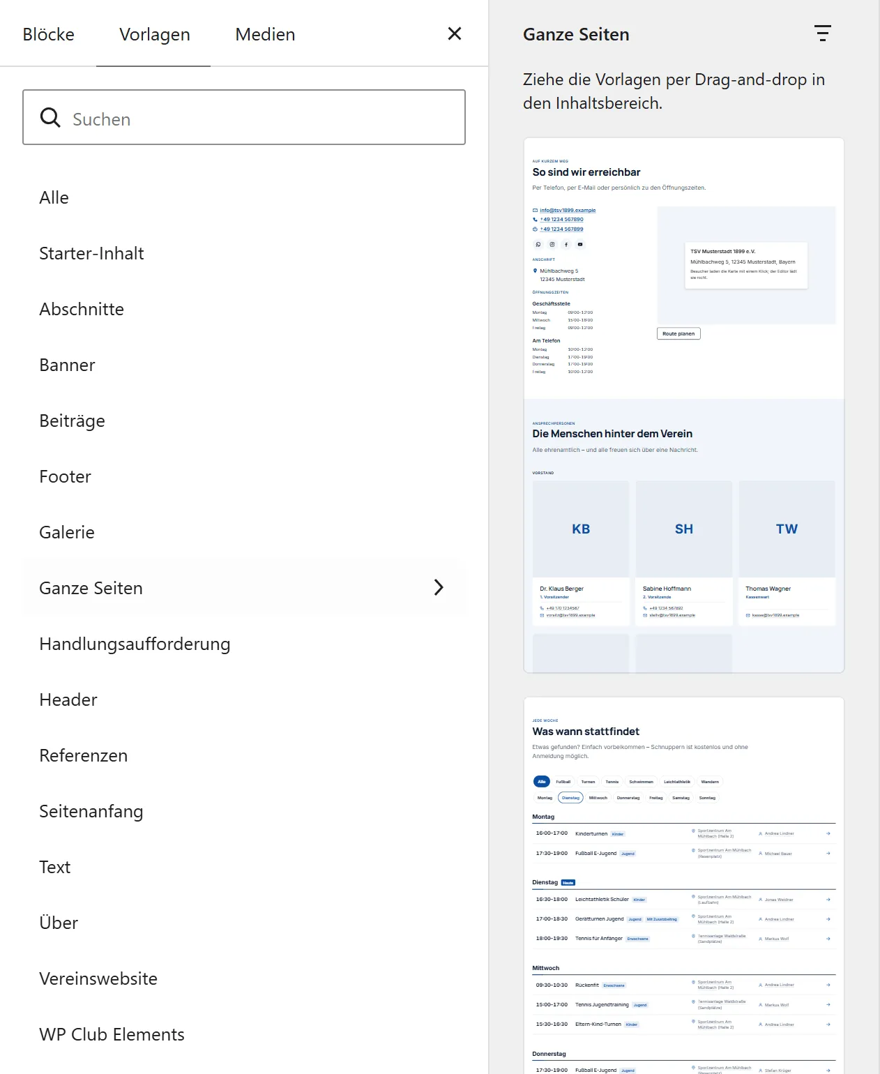Die Kategorie „Ganze Seiten“ im Einfüger. Neben der Liste der Kategorien zeigen Vorschaubilder ganze Seiten, zum Beispiel „Kontakt“ mit Kontaktdaten und Karte, darunter Fragen und Antworten und ein Band mit dem Knopf „Mitglied werden“.