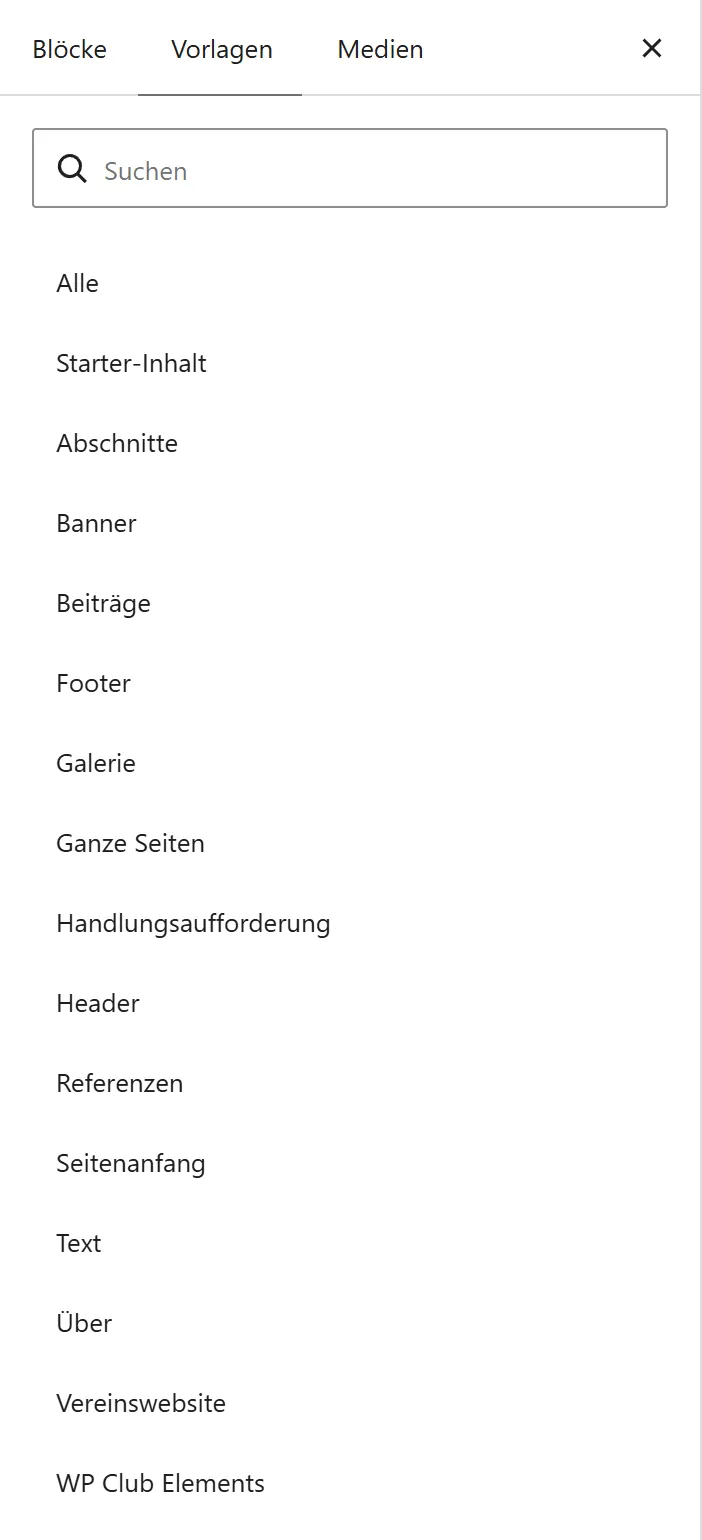 Der Einfüger im Seiteneditor mit dem Reiter „Vorlagen“. Die Kategorien sind unter anderem „Abschnitte“, „Banner“, „Footer“, „Ganze Seiten“, „Header“, „Seitenanfang“ und „Vereinswebsite“.