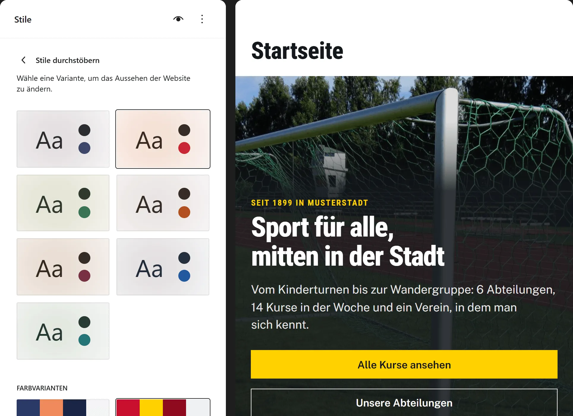 Der Website-Editor, in dem der Stil „Feuerwehr“ nur ausprobiert wird. Links die Auswahl der Stile mit dem umrandeten zweiten Stil, rechts die Vorschau der Startseite: schmale, fette Schrift, gelbe Überzeile und ein gelber Knopf „Alle Kurse ansehen“ auf dunklem Grund.