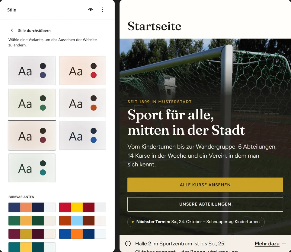 Der Website-Editor, in dem der Stil „Musikverein“ nur ausprobiert wird. Links die Auswahl der Stile mit dem umrandeten fünften Stil, rechts die Vorschau der Startseite: Schrift mit Serifen, Überzeile und Knopf in Gold, der Knopftext in Versalien.