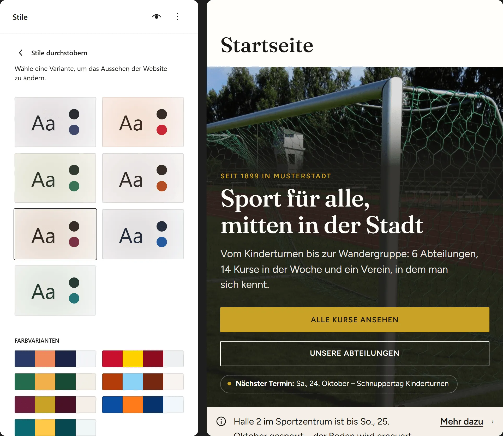 Der Website-Editor, in dem der Stil „Musikverein“ nur ausprobiert wird. Links die Auswahl der Stile mit dem umrandeten fünften Stil, rechts die Vorschau der Startseite: Schrift mit Serifen, Überzeile und Knopf in Gold, der Knopftext in Versalien.