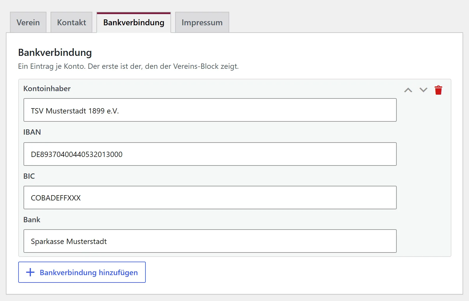 Der Reiter „Bankverbindung“ der Vereinsdaten mit einem Eintrag: Kontoinhaber, IBAN, BIC und Bank. Darunter der Knopf „Bankverbindung hinzufügen“.