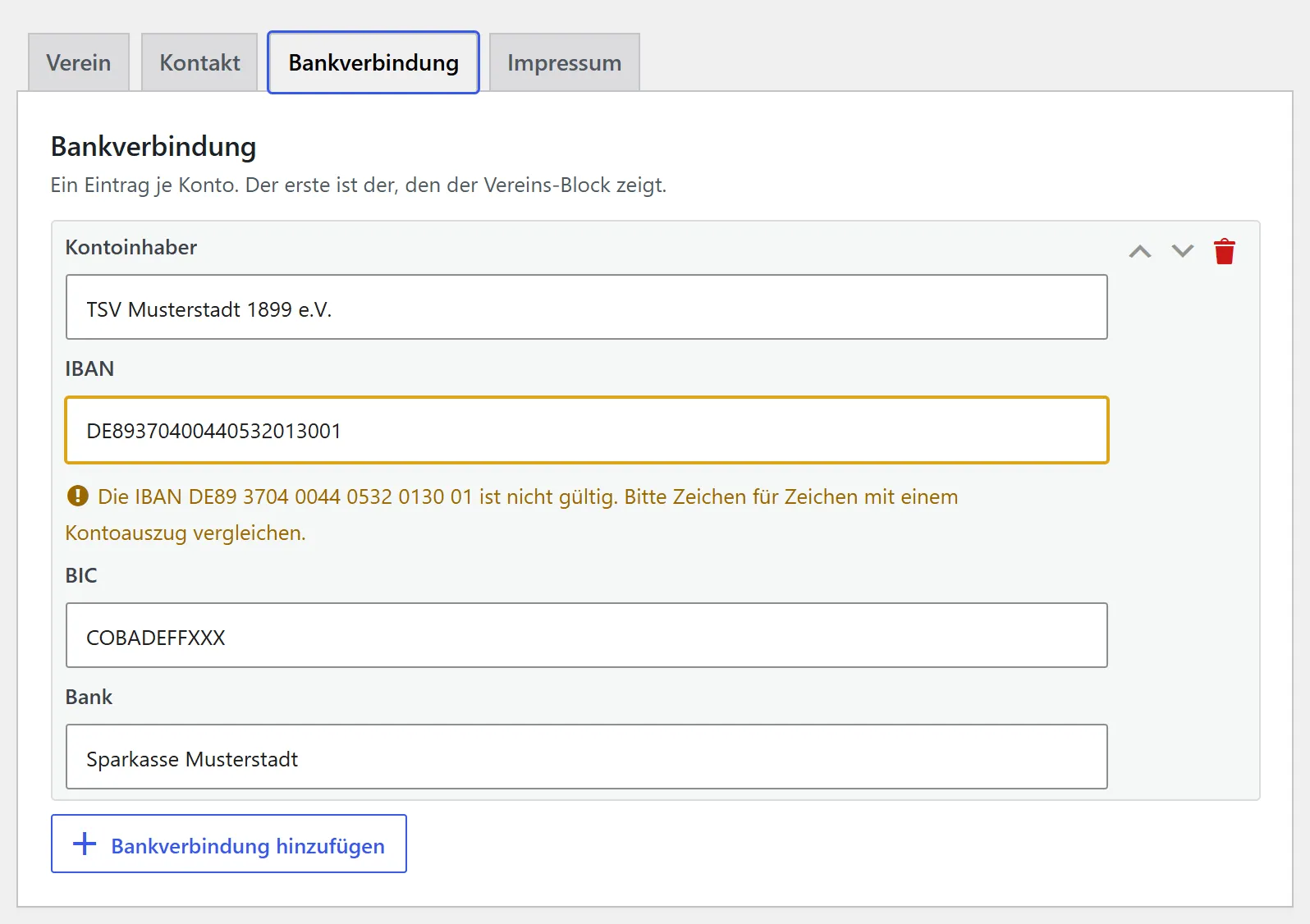 Der Reiter „Bankverbindung“ mit einer Eingabe, die nicht stimmt. Unter dem Feld „IBAN“ steht in Gelb: „Die IBAN DE89 3704 0044 0532 0130 01 ist nicht gültig. Bitte Zeichen für Zeichen mit einem Kontoauszug vergleichen.“