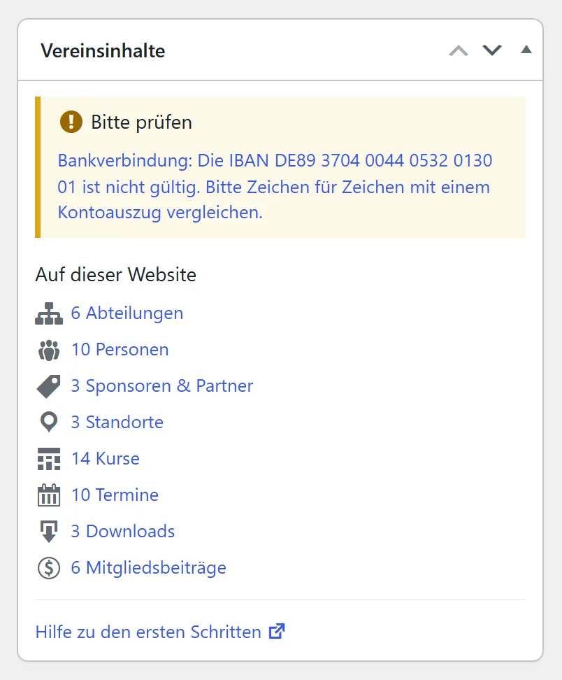 Der Kasten „Vereinsinhalte“ im Dashboard mit der gelben Überschrift „Bitte prüfen“. Darunter steht als Link, was nicht stimmt: eine IBAN, die nicht gültig ist.