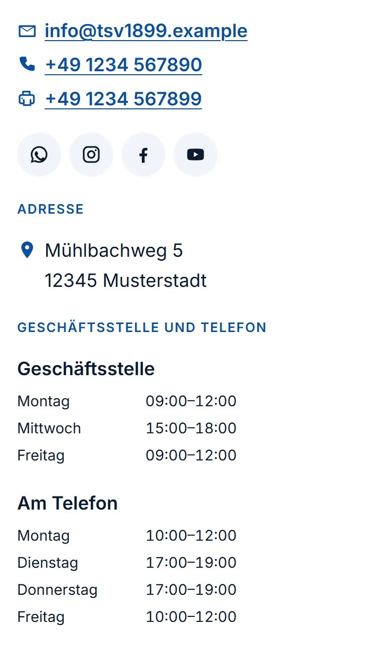 Die Kontaktseite des Demovereins. In der linken Spalte stehen E-Mail, Telefon und Fax als Links, darunter vier runde Symbole für WhatsApp, Instagram, Facebook und YouTube, dann die Adresse und die Öffnungszeiten „Geschäftsstelle“ und „Am Telefon“.