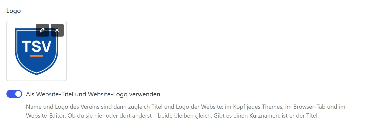 Das Feld „Logo“ mit dem Wappen des Vereins. Fährt man mit der Maus darüber, erscheinen zwei Knöpfe: der Stift „Bild bearbeiten“ und das Kreuz „Bild entfernen“. Darunter steht der eingeschaltete Schalter „Als Website-Titel und Website-Logo verwenden“.
